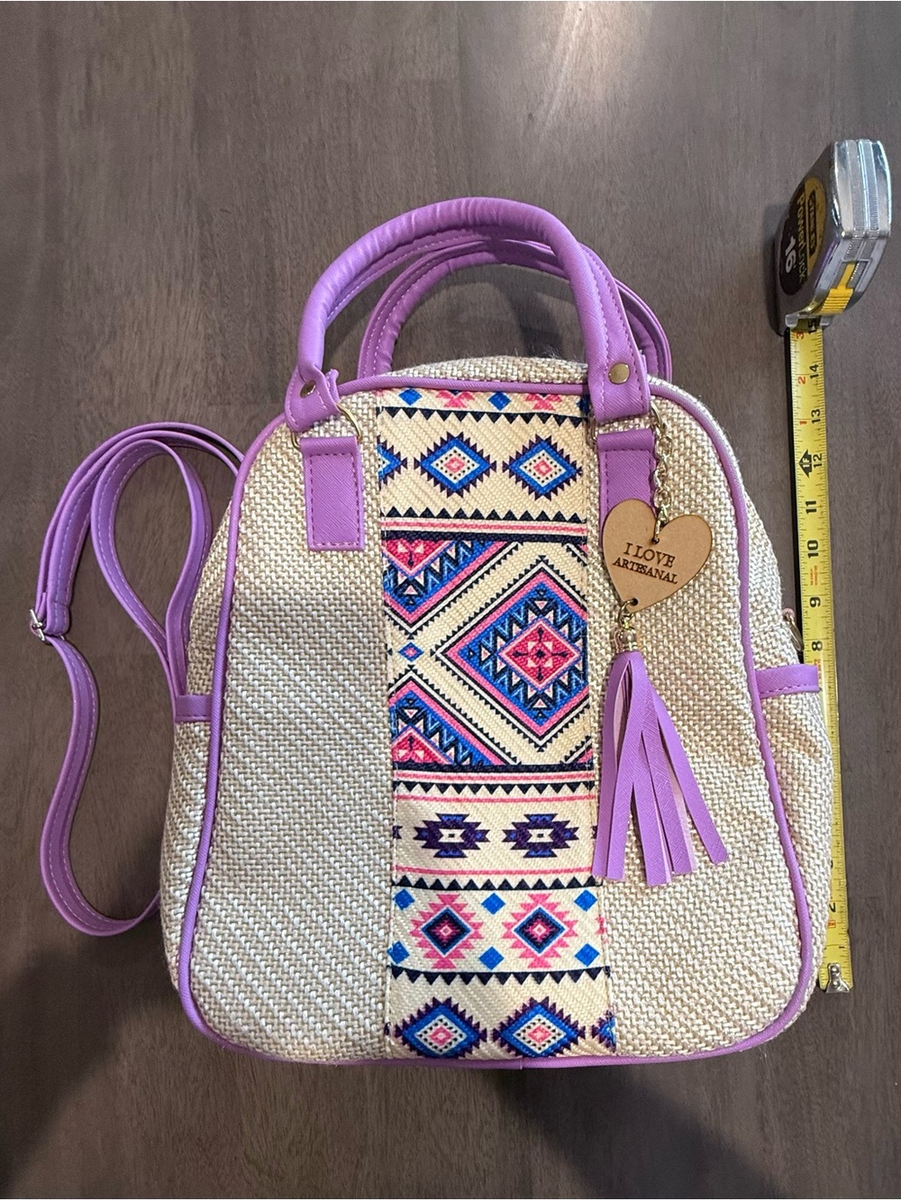 I Love Artesanal Lilac Trim Woven Backpack Purse